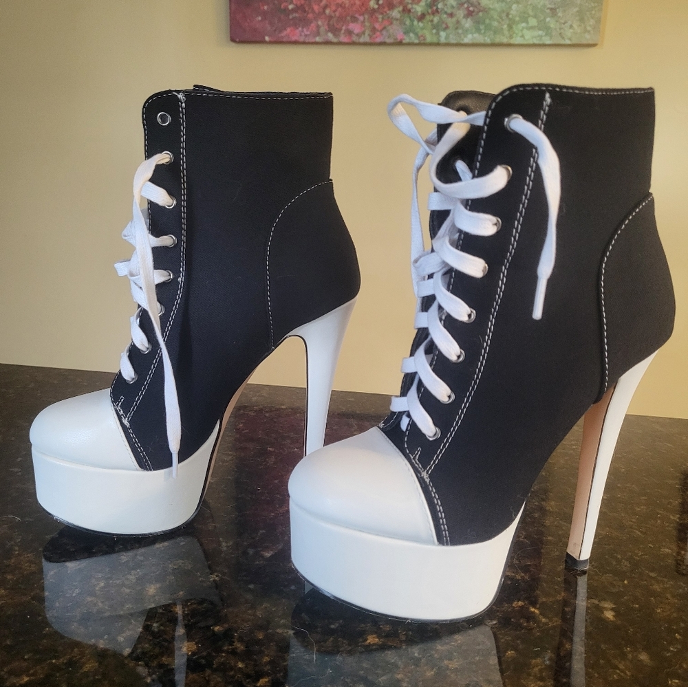 Black and White High-Top Heels